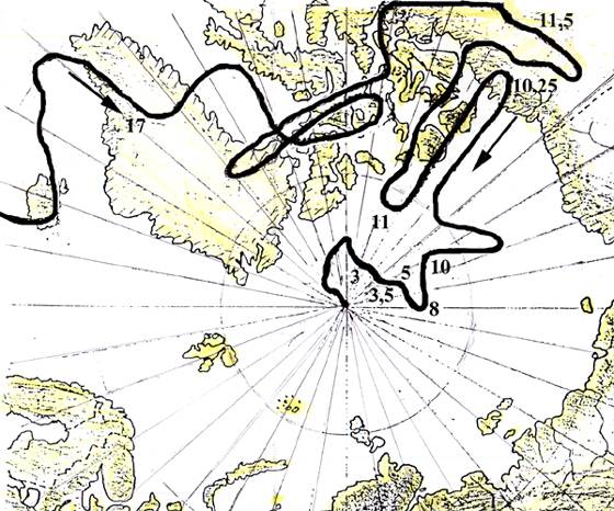 Траектория северного географического полюса за последние 17 тыс. лет. Числа обозначают местоположение географического полюса в тысячах лет тому назад.